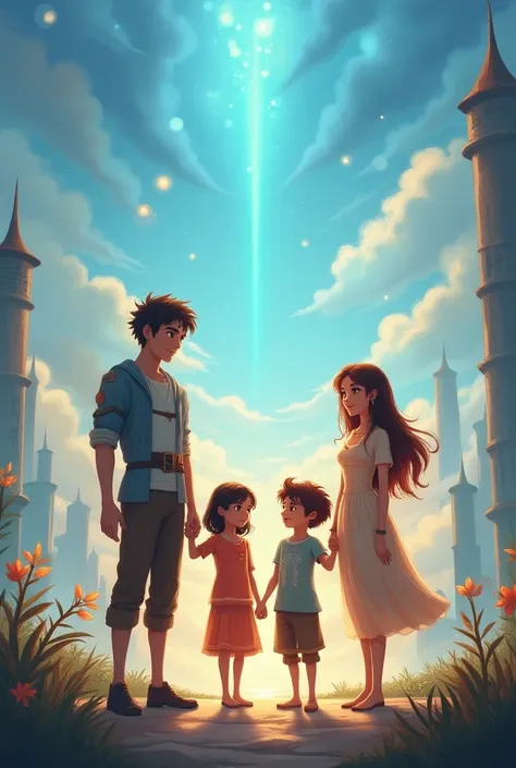 four ren with their parents , two boys and two girls ,  inspired by the video game sky ren of light