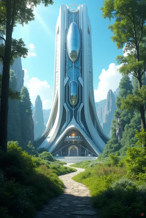 science-fiction; concept art d’un magnifique laboratoire secret accueillant caché dans une forêt verdoyante de climat tempéré; l...