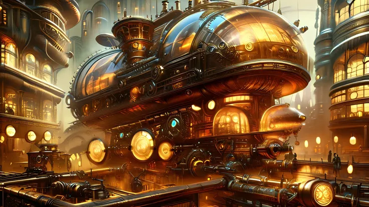 steampunk community colony, big fictional device to produce water from vapor, big fictional device to collect assets from the ea...