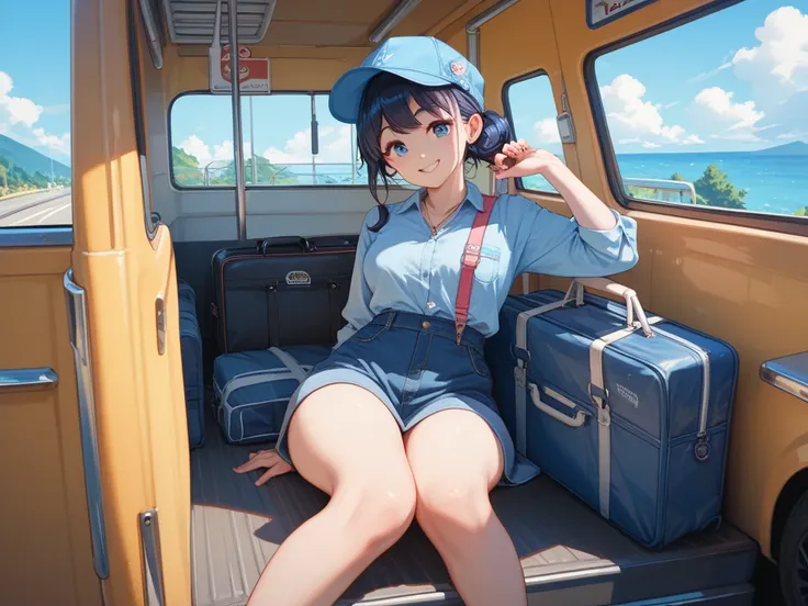 truck driver with luggage　transportation company 　 japanese　cute　i brought luggage　woman　 blue work clothes 　 blue work hat 　smi...