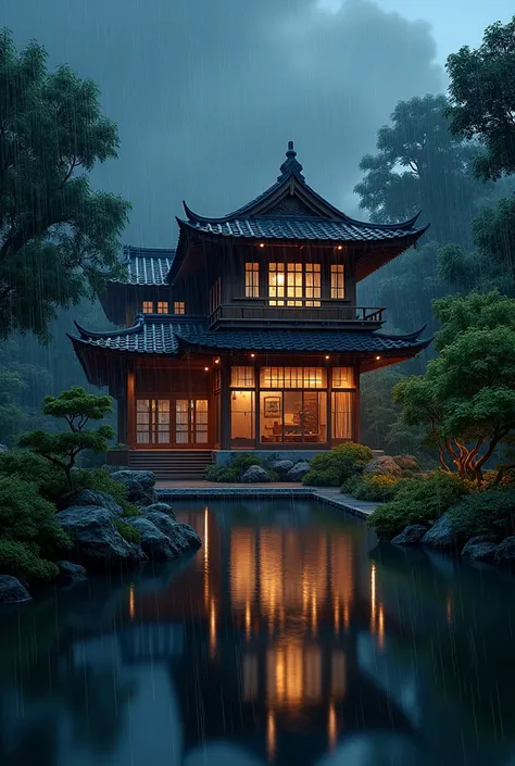 japanese beautiful house in rainfall night