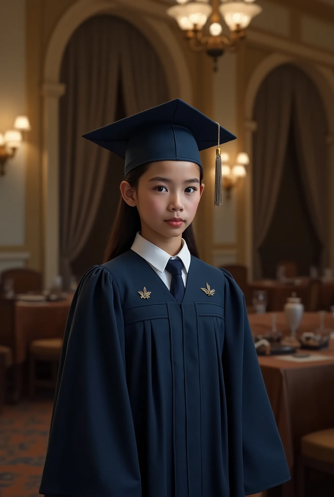 hyperrealistic image of a colombian 5th grade student,  wearing dark blue gown and cap in function room