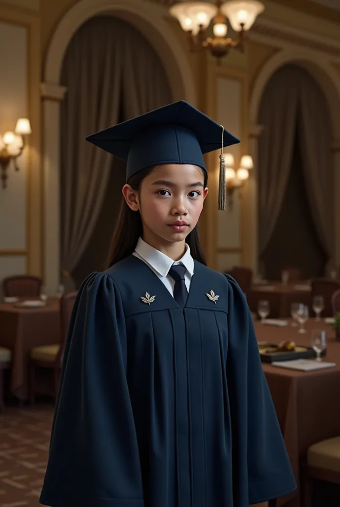 hyperrealistic image of a colombian 5th grade student,  wearing dark blue gown and cap in function room