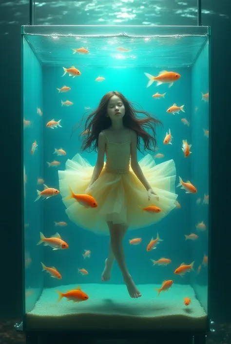 the girl is lying in a square aquarium, fish are swimming in a skirt and in the aquarium