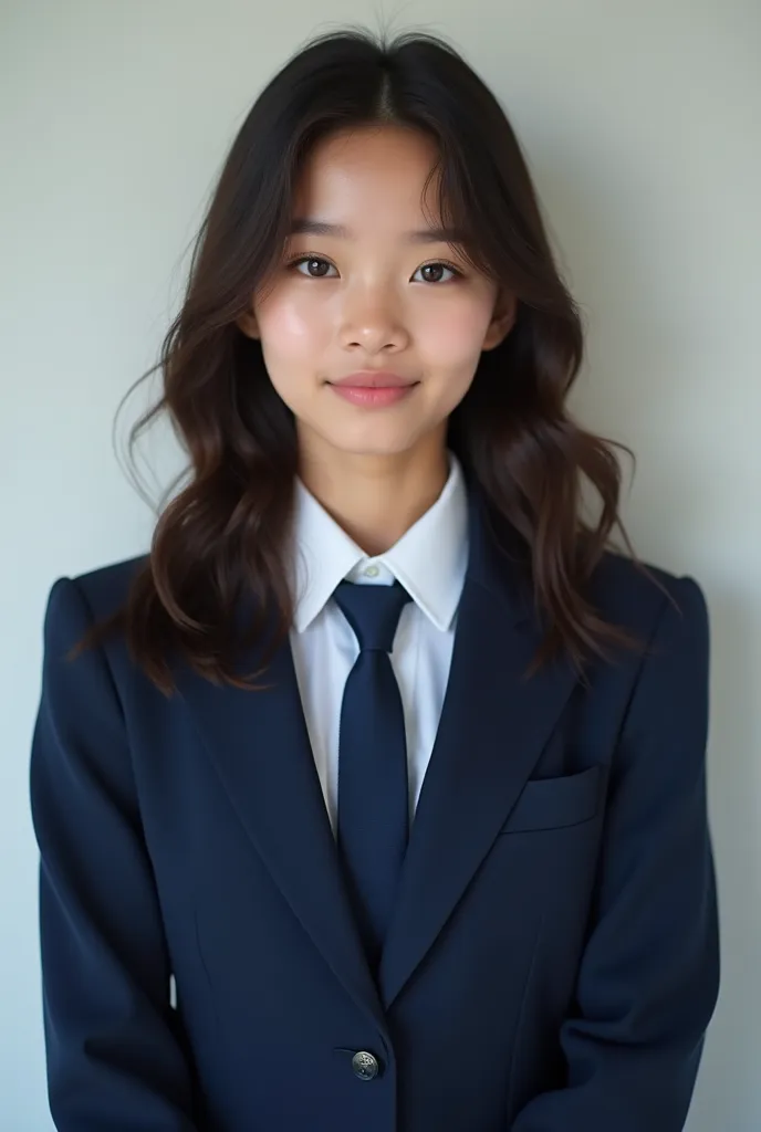 17-year-old girl with dark complexion dark brown eyes ,with brown hair 10 cm below the shoulders wavy with the split in the midd...