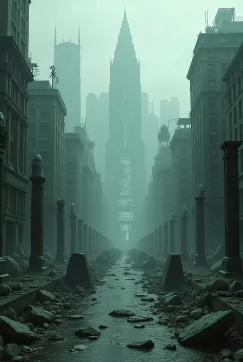 image of a large old city destroyed,  with mysterious elements ,  like broken statues and enigmatic symbols.  the scene is dark ...