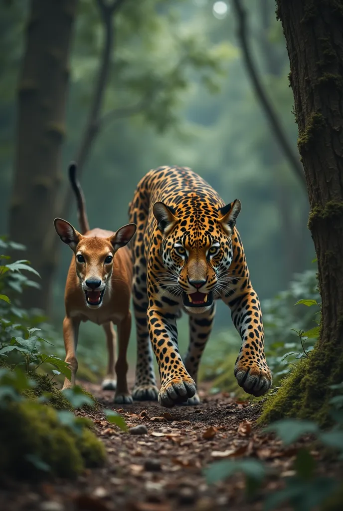 in the center of the image , a powerful jaguar ,  with its characteristic spots ,  it throws itself on an agile and slender deer...