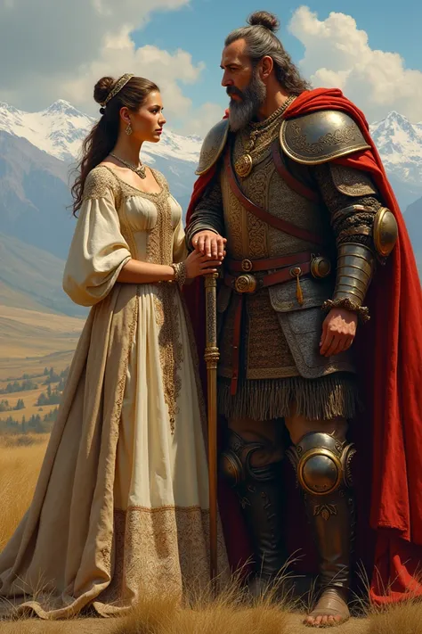 russian princess with 3/4 sleeves standing alongside a strong mongol warrior