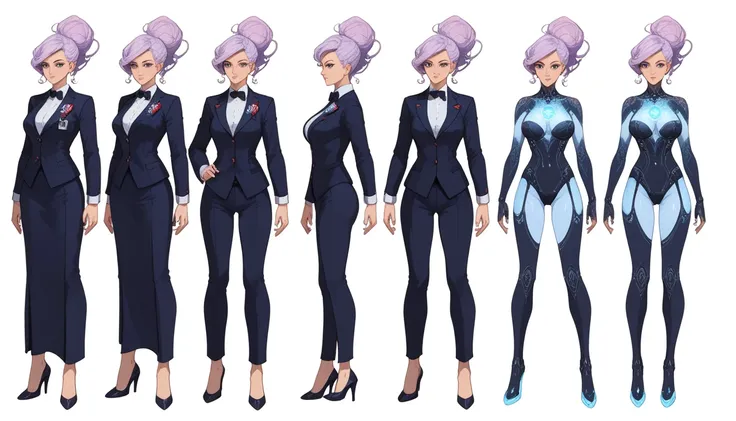 a poised, futuristic female diplomat with long, lavender hair, standing before a group of alien leaders in a grand, high-tech ch...