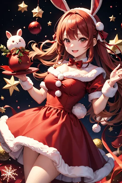 christmas、 red dress 、rabbit、personification、 christmasツリー、 illuminations