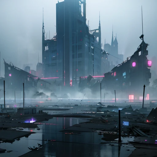 beautiful fog,future chaotic cities 、 destroyed and damaged cities collapse complex buildings 、beautiful lights、dim lighting、pud...