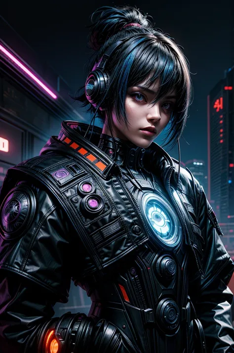 uma  female character  em um cenário futurist de estilo cyberpunk,  with advanced technological features and a striking look .  ...