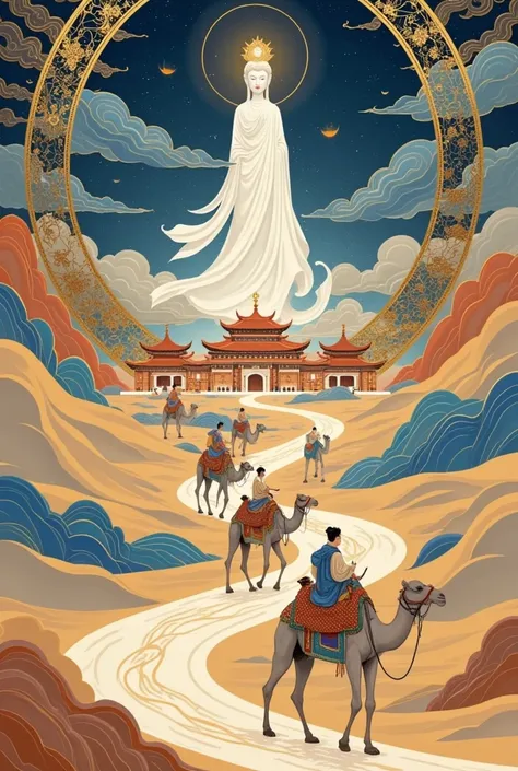 dunhuang art style illustration 
 a camel caravan crossing the desert
dunhuang architecture
a silhouette of a giant guanyin stat...