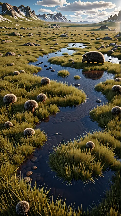 mammoth，hedgehog，plains， near the clear stream， unreal engine ， ultra hd， super detailed