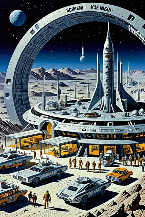 moon base, science fiction, by ed emshwiller.
best quality, masterpiece, intricate details, ultra-detailed