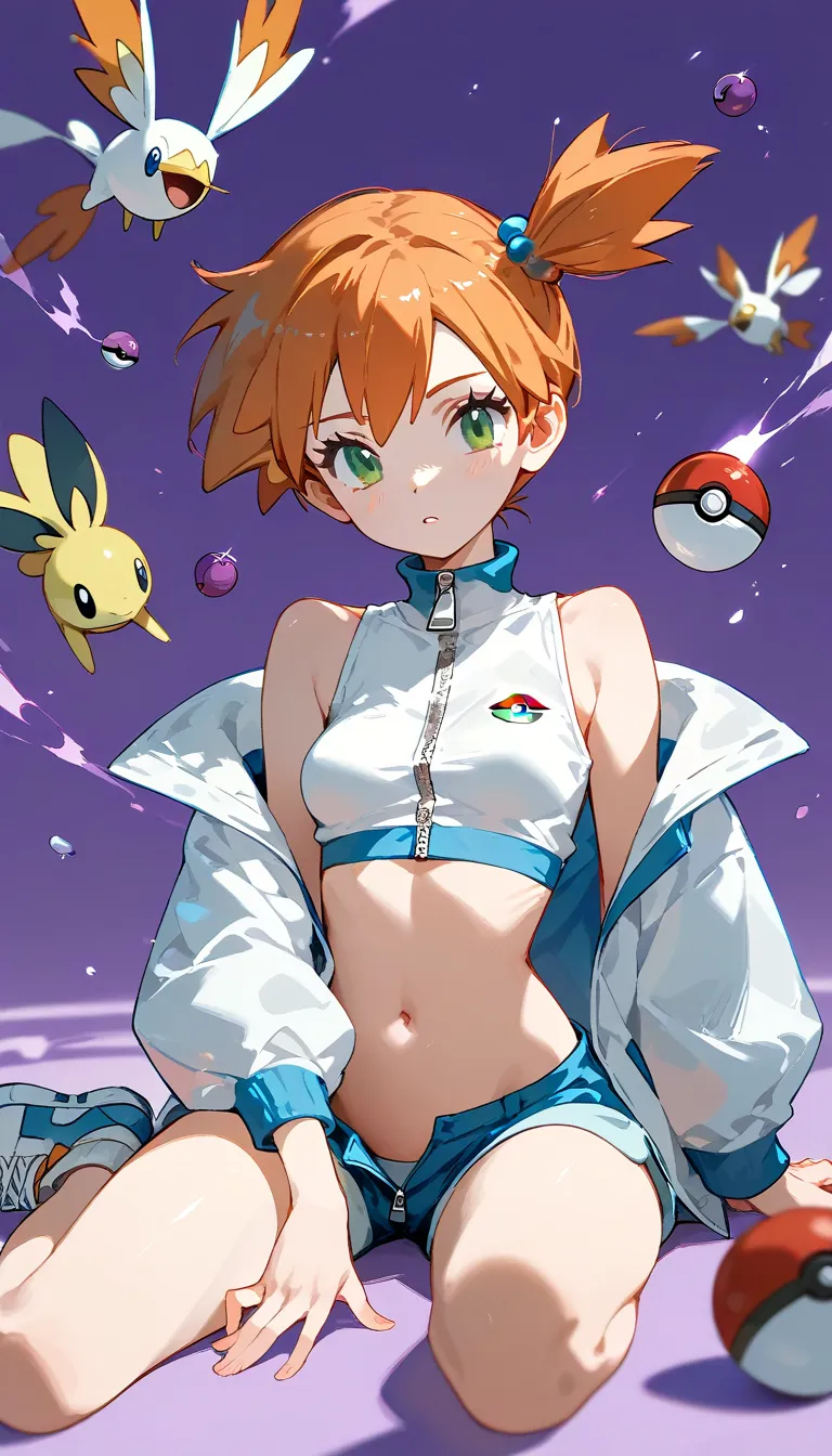 character misty_pokemon , berry short,orange hair, one side up hair ,big green eyes,small breasts ,skinny .pokemon. white sleeve...