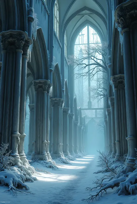 a frozen gothic cathedral interior, with majestic columns covered in ice and snow blanketing the ground. icicles hang from the t...