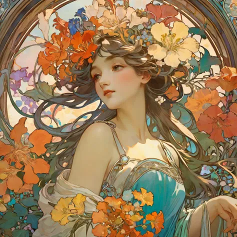 high definition , masterpiece,many flowers、優しい色合い,  alphonse mucha, decadent、flower art、colorful flowers、multicolor、