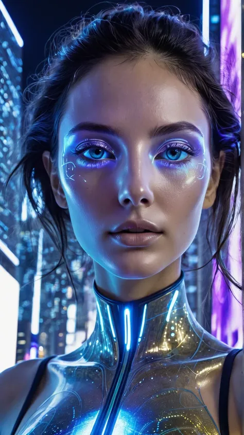 a close-up of an alien woman's face, her beauty both magical and captivating. her skin glows silvery blue, with gentle glowing l...