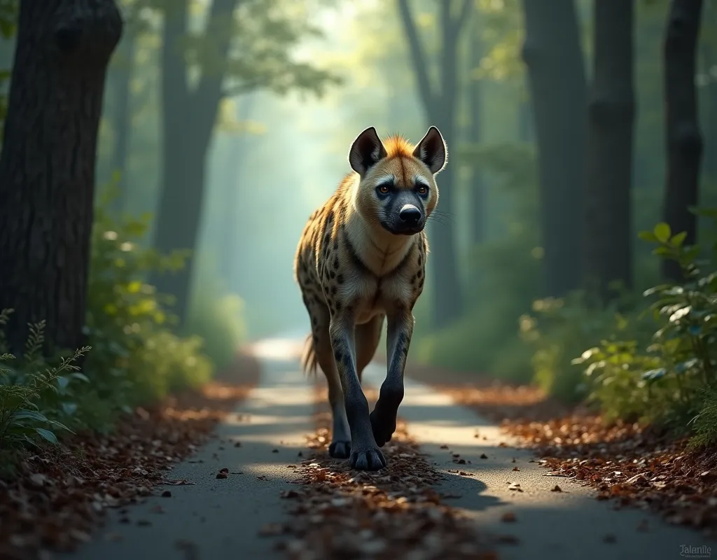 create an image of a hyena walking forward along a forest road. the hyena has a lean, muscular build with its distinctive spotte...