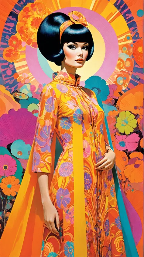 jugendstil 1960's psychedelic epic full body gogo clothes portrait by john pitre and marimekko, 1960s elements, california dream...