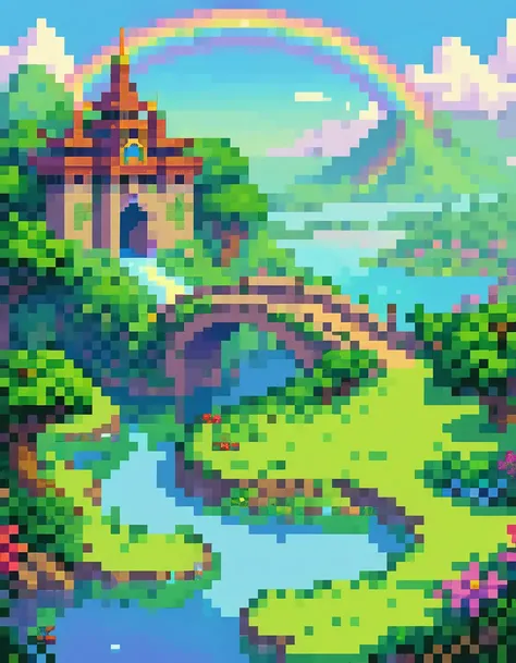 8-bit retro game, jrpg, dragon quest, pixel art, beautiful rainbow bridge over a lake, fantasy world, hyperdetailed, intricate d...