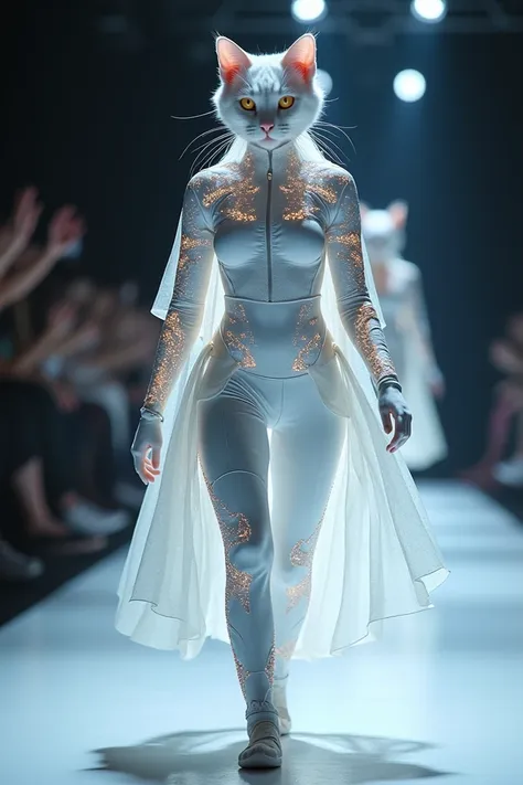 "witness elegance meet the future! a stunning white cat struts down the ramp in a glowing, metallic outfit with intricate led de...