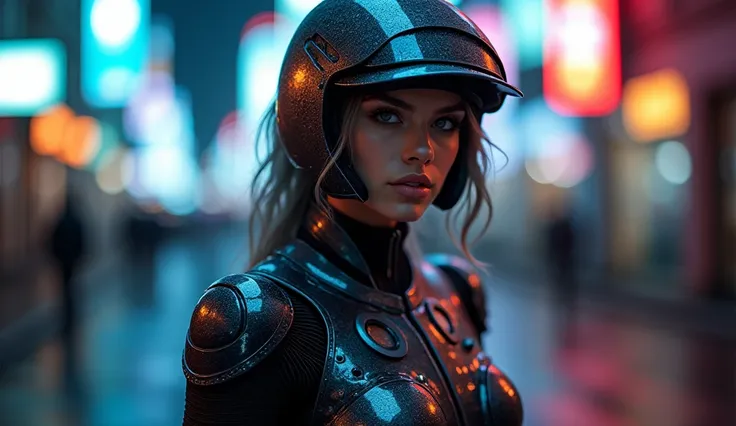 full-length photo of a mesmerizing cyberpunk policewoman, her sleek metallic armor adorned with intricate circuit patterns, neon...