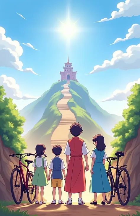 a vibrant illustration of the four ren standing from behind, gazing at a winding mountain path leading up to a majestic temple o...