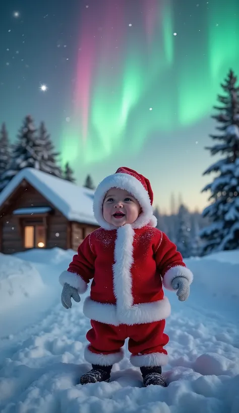 create an adorable, heartwarming scene featuring a baby dressed as santa claus. the baby has rosy cheeks, a wide, cheerful smile...