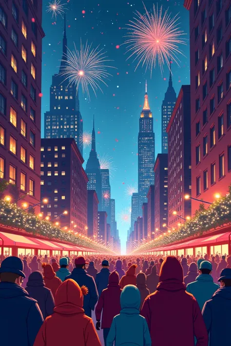 Picture of the Big Apple in New York New Years Eve Christmas celebration people in cartoon lights color fireworks