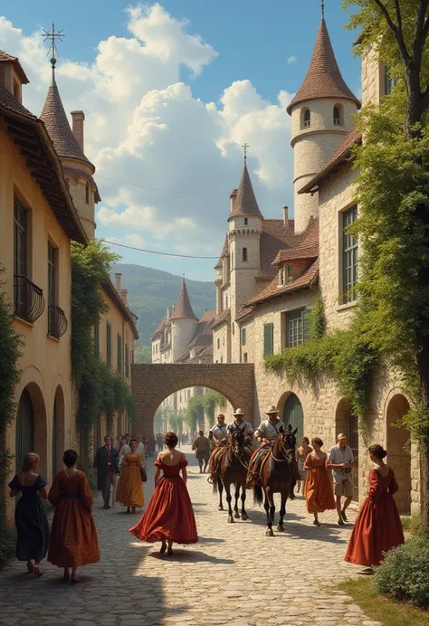 art by anton pick, the bustling town square of a small town in medieval france,  stone houses with towers and arches  ,  walk al...