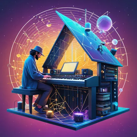 low poly'' wizard of analog synthesizer'' cover art  golden ratio, bard flak ,  thomas kinkade ,  sam spratt, ferdinand knabb, m...