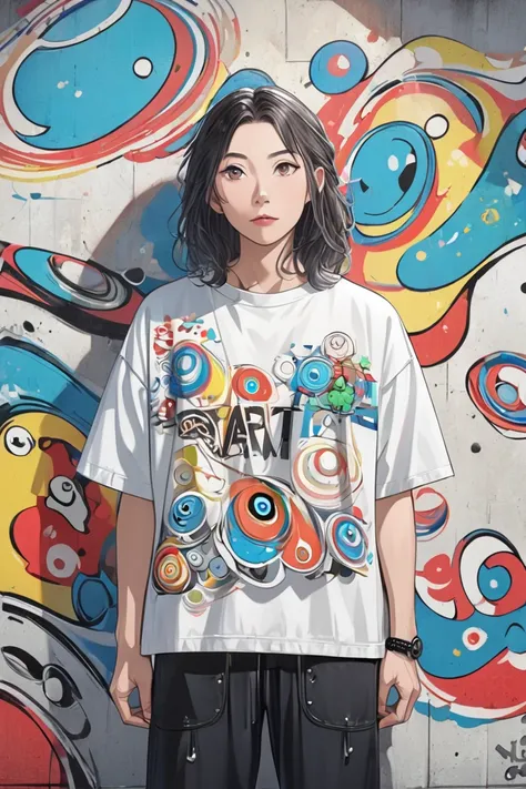 ultra-realistic hayao miyazaki style, simple line acronym abstract art, stylish design, street fashion, cute amoeba , the backgr...