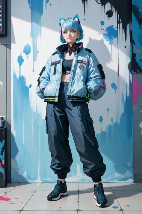 light blue cyberpunk costume with black base and accents　mod jacket style　the pants are black and 　 full body standing painting ...