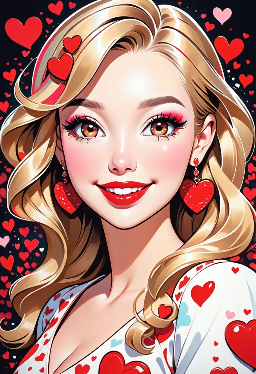 a cartoonized image of a woman with a lot of hearts coming out of her hair, 1girl, solo, blonde hair, heart, makeup, earrings, b...