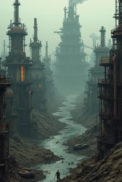 an apocalyptic industrial city full of scrap metal and oil pits