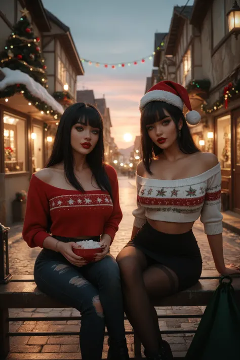 sexy girl with grunge style black hair and bangs ,  green eyes with red lips ,  with her friend with her black hair rubbed back,...