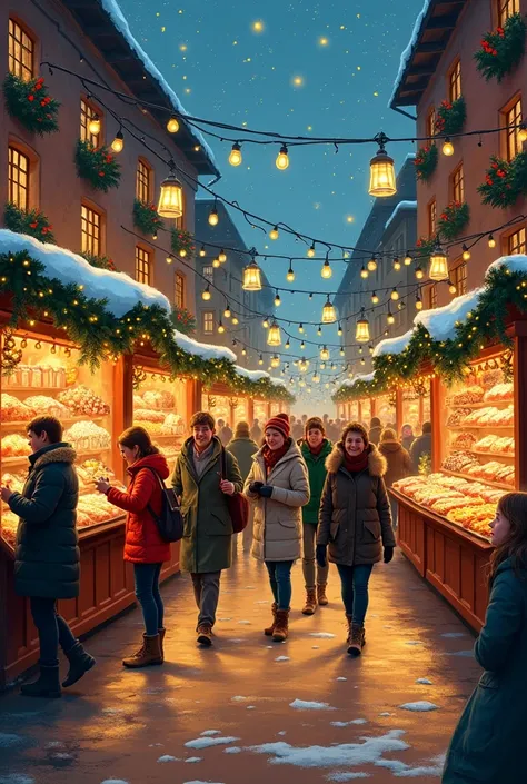 A bustling European Christmas market drawn with crayon-like textures, filled with details of warm lights, holiday shoppers, and ...