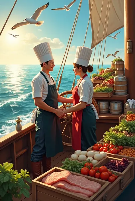 a young man and a young lady who are not a couple, both dressed as chefs ,  on a boat that carries a lot of cooking food in the ...