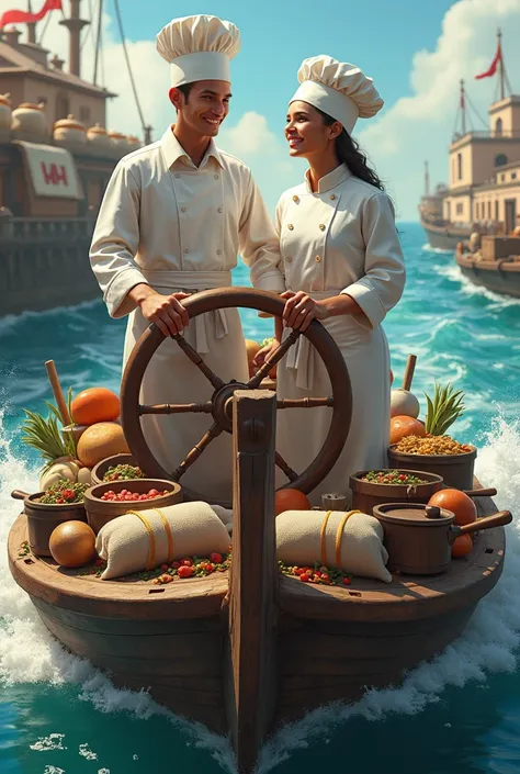 a young man and a lady , both dressed as chefs ,  on a boat that carries a lot of cooking food in the back,  who are taking the ...