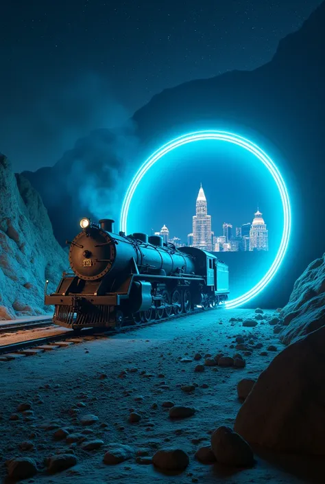 make a diagonal side image of the ten-wheeler locomotive (4-6-0) old with neon blue in its outline in the wild west at night ,  ...