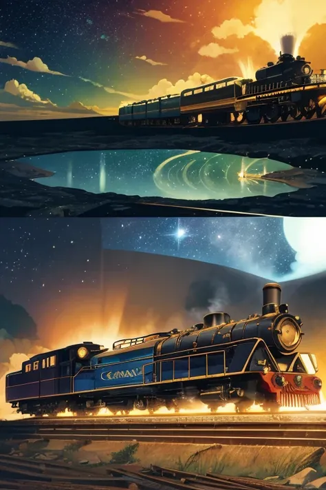 a steam locomotive that flies through the sky like galaxy express 999　a locomotive that moves through the cambrian ocean where t...