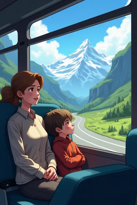 a bus moving along a road surrounded by mountains .  the protagonist is sitting next to his mother and older brother.  the mothe...