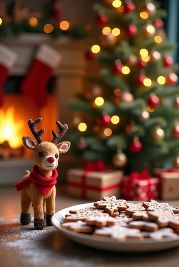 a tiny reindeer with a soft red scarf stands beside a large plate of gingerbread cookies shaped like christmas trees, snowflakes...