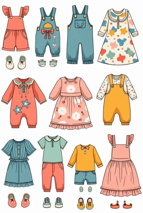 make me a sketch where there are 20 clothing outfits , in bright and pastel colors ,  cute and fun designs . 5 for  boys 5 for  ...