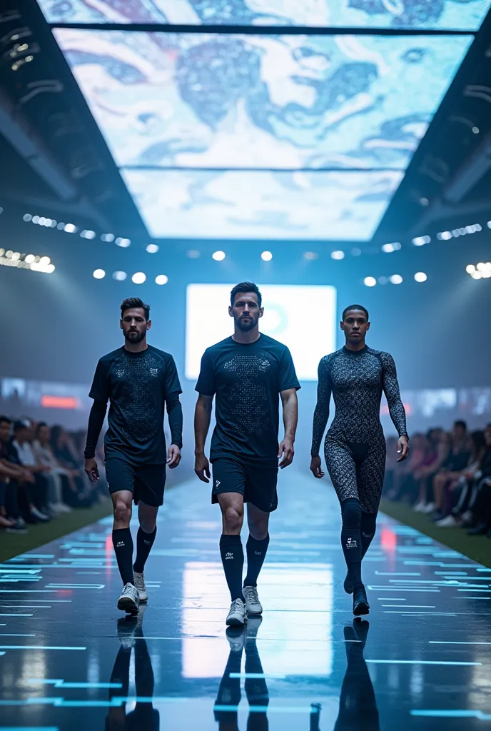 leonel messi, cristiano ronaldo and kylian mbappé parading futuristic designs on a catwalk, the catwalk is in the middle of a fo...