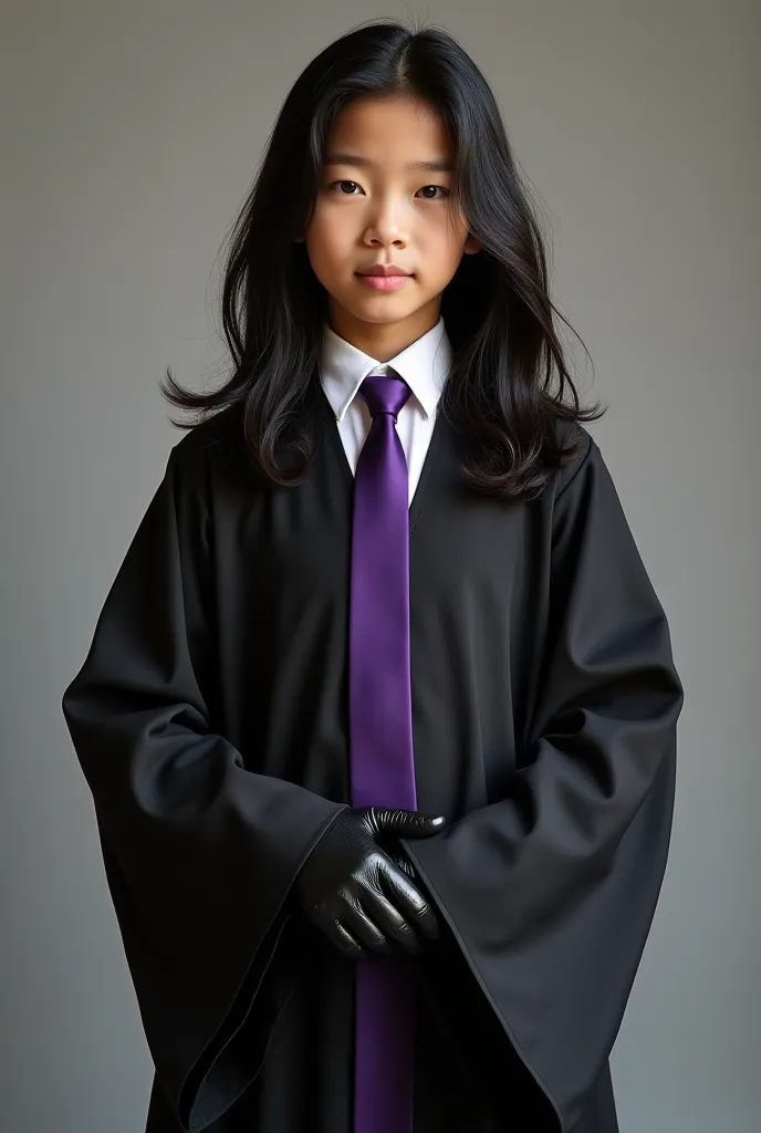 live action pre teen asian boy with long flowing black hair,  wearing a very long sleeved religious outfit, over a white dress s...