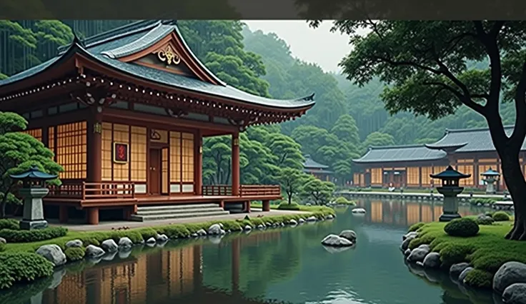 a close up of a building with a pond in the middle of it, japanese house, lush japanese landscape, japanese village, japanese st...