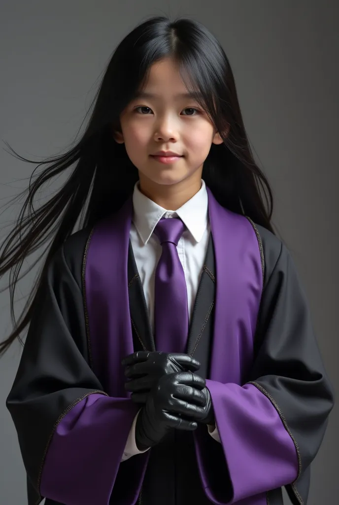 live action pre teen asian boy with long flowing black hair,  wearing a very long sleeved religious outfit, over a white dress s...